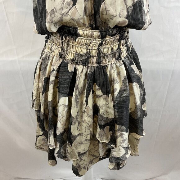Halston Heritage Dress S Gray Cream Floral Elastic Waist Tiered Butterfly Sleeve - Picture 4 of 14